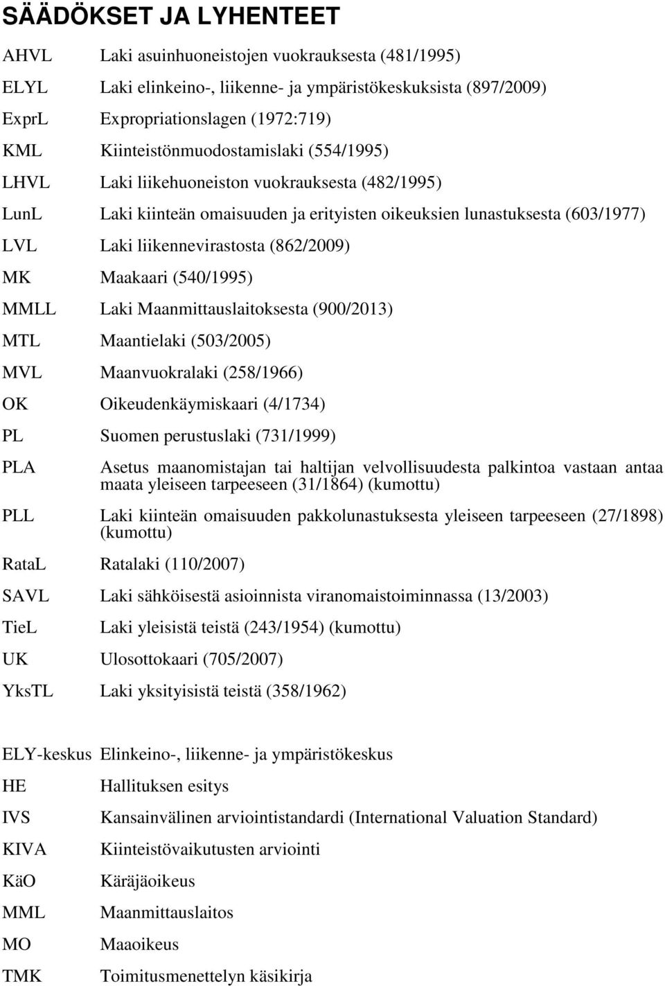 (862/2009) MK Maakaari (540/1995) MMLL Laki Maanmittauslaitoksesta (900/2013) MTL Maantielaki (503/2005) MVL Maanvuokralaki (258/1966) OK Oikeudenkäymiskaari (4/1734) PL Suomen perustuslaki