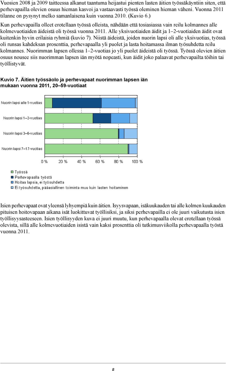 ) Kun perhevapailla olleet erotellaan työssä olleista, nähdään että tosiasiassa vain reilu kolmannes alle kolmevuotiaiden äideistä oli työssä vuonna 2011.