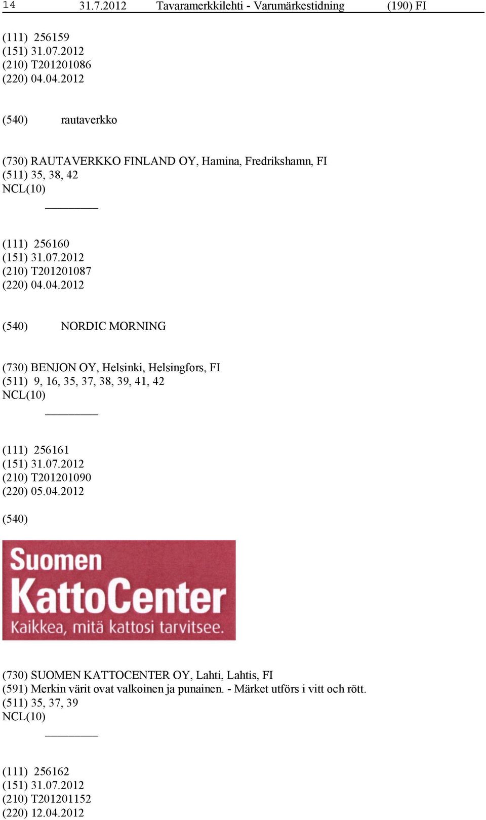 04.2012 (730) SUOMEN KATTOCENTER OY, Lahti, Lahtis, FI (591) Merkin värit ovat valkoinen ja punainen. - Märket utförs i vitt och rött.