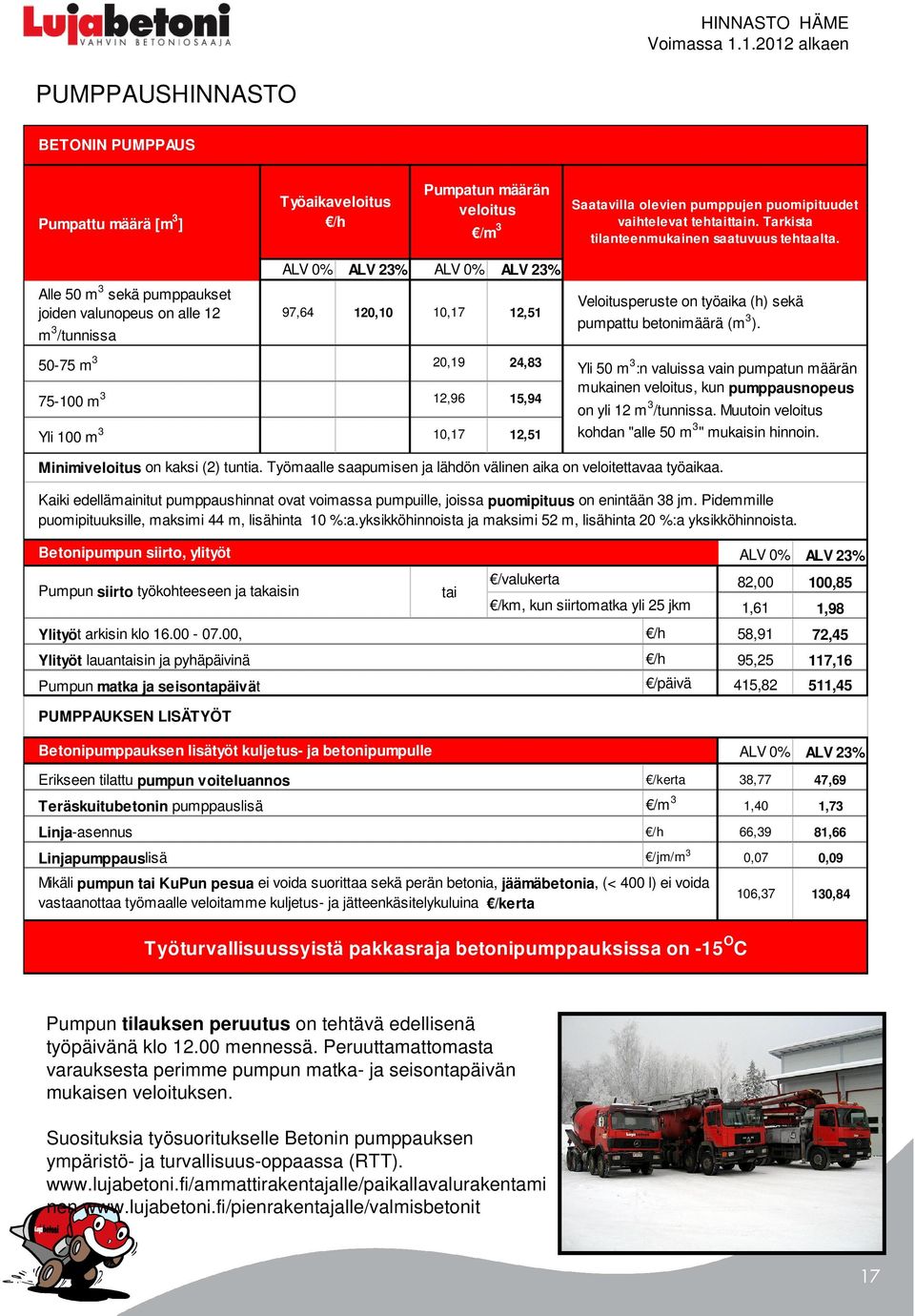 Alle 50 m 3 sekä pumppaukset joiden valunopeus on alle 12 m 3 /tunnissa 97,64 120,10 10,17 12,51 Veloitusperuste on työaika (h) sekä pumpattu betonimäärä (m 3 ).