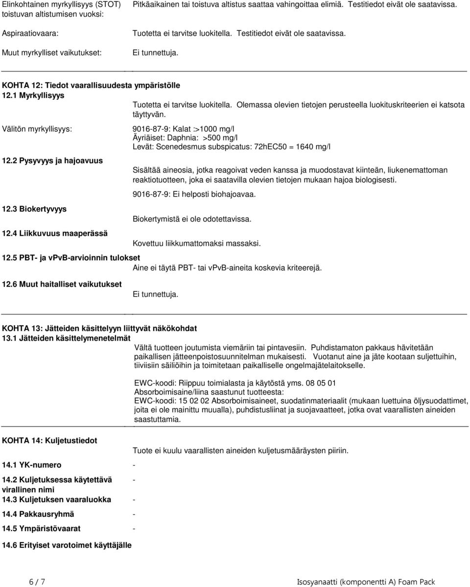 olevien tietojen perusteella luokituskriteerien ei katsota täyttyvän Välitön myrkyllisyys: 122 Pysyvyys ja hajoavuus 123 Biokertyvyys 124 Liikkuvuus maaperässä 9016-87-9: Kalat :>1000 mg/l Äyriäiset: