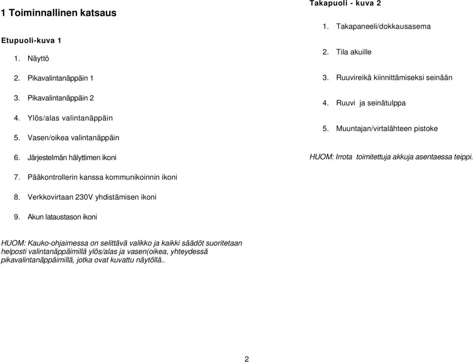 Muuntajan/virtalähteen pistoke HUOM: Irrota toimitettuja akkuja asentaessa teippi. 7. Pääkontrollerin kanssa kommunikoinnin ikoni 8. Verkkovirtaan 230V yhdistämisen ikoni 9.