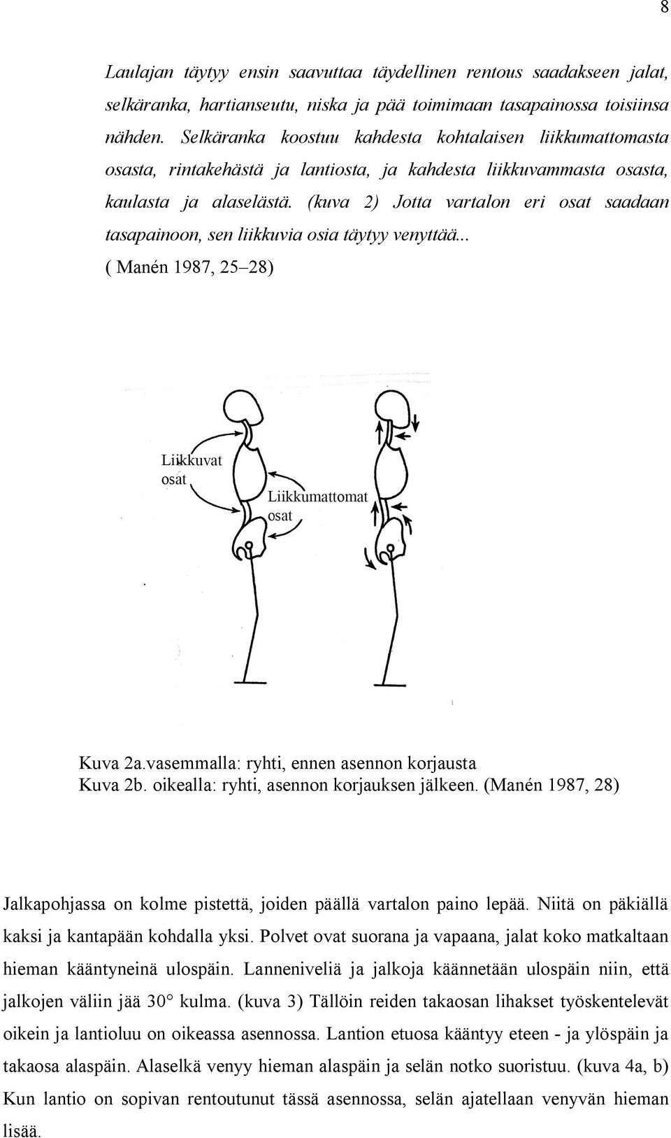 (kuva 2) Jotta vartalon eri osat saadaan tasapainoon, sen liikkuvia osia täytyy venyttää... ( Manén 1987, 25 28) Kuva 2a.vasemmalla: ryhti, ennen asennon korjausta Kuva 2b.