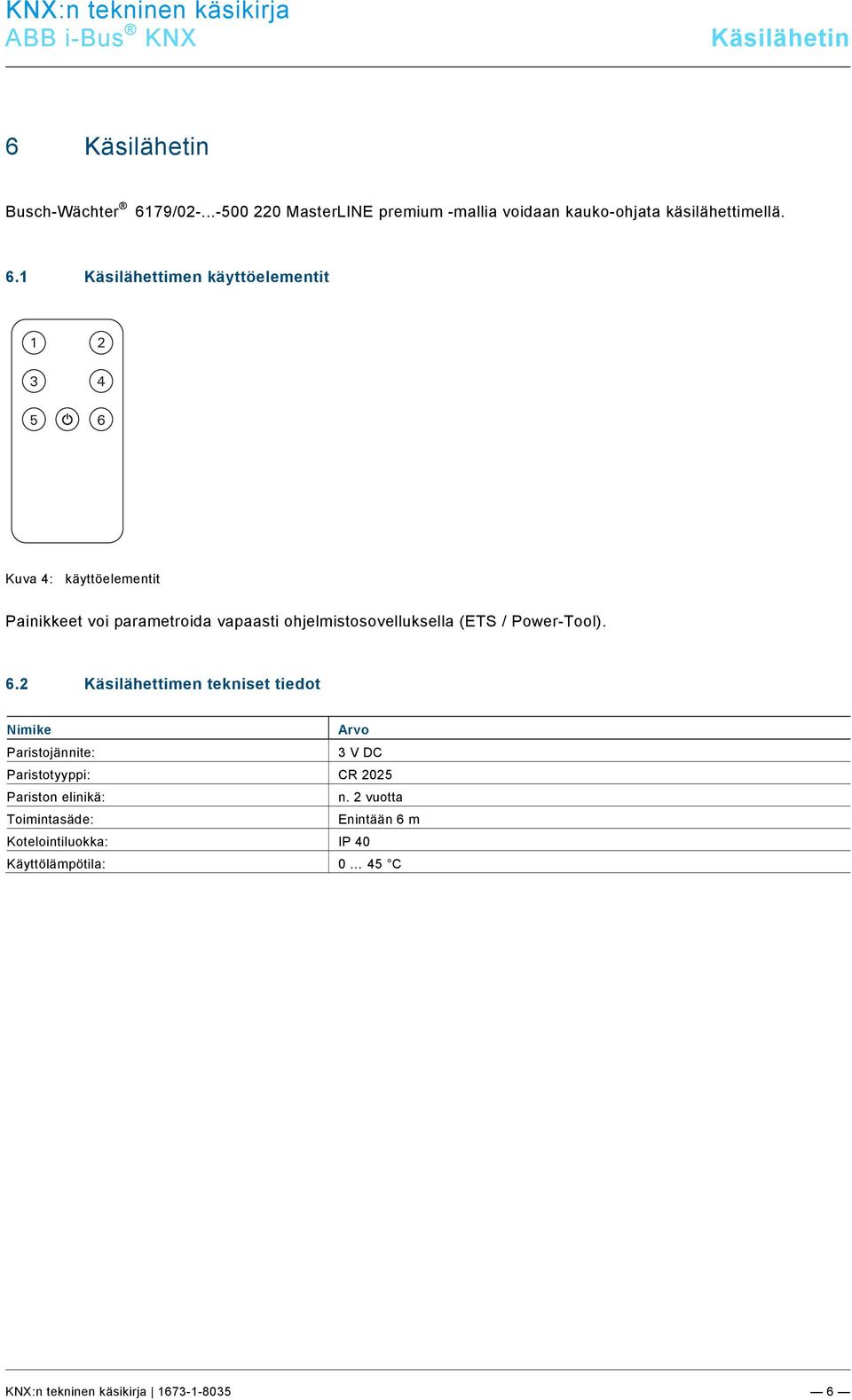 docx @ 214723 @ 1 @ 1 6 Käsilähetin Busch-Wächter 6179/02-...-500 220 MasterLINE premium -mallia voidaan kauko-ohjata käsilähettimellä.