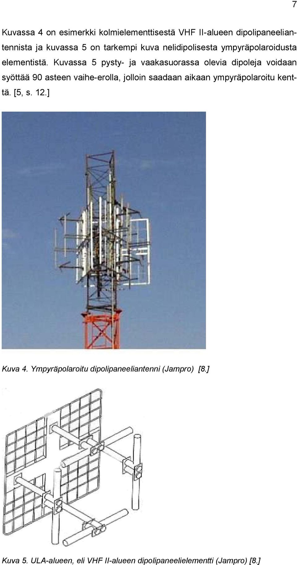 Kuvassa 5 pysty- ja vaakasuorassa olevia dipoleja voidaan syöttää 90 asteen vaihe-erolla, jolloin saadaan