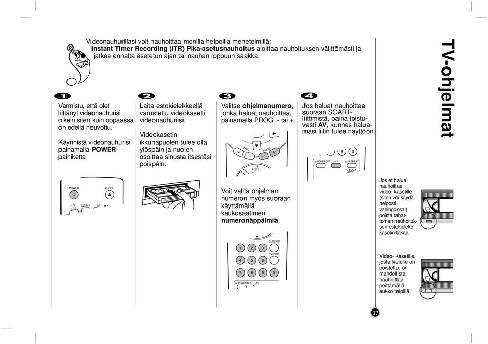 Vdeokasetn kkunapuolen tulee olla ylöspän ja nuolen osottaa snusta tsestäs pospän. Valtse ohjelmanumero, jonka haluat nauhottaa, panamalla - ta +.