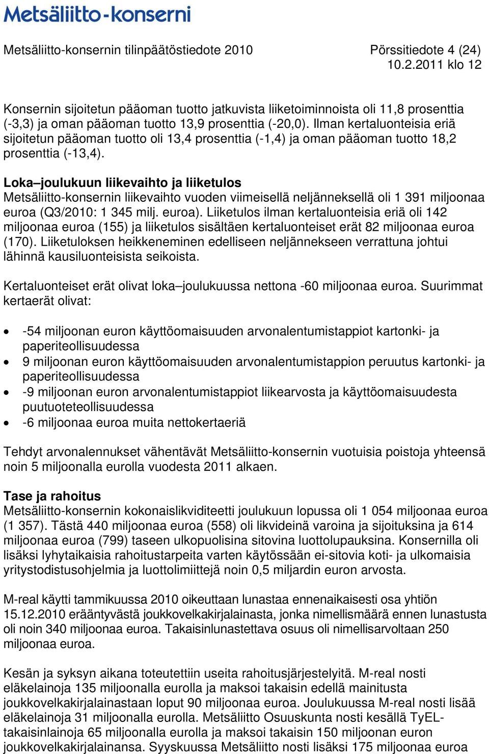 Loka joulukuun liikevaihto ja liiketulos Metsäliitto-konsernin liikevaihto vuoden viimeisellä neljänneksellä oli 1 391 miljoonaa euroa (Q3/: 1 345 milj. euroa).