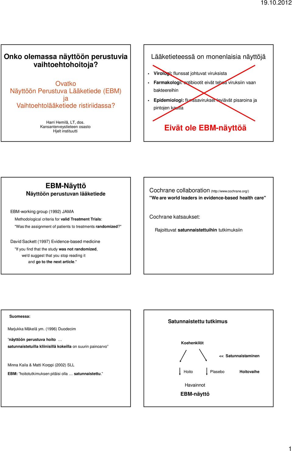 pintojen kautta Harri Hemilä, LT, dos. Kansanterveystieteen osasto Hjelt instituutti Eivät ole EBM-näyttöä EBM-Näyttö Näyttöön perustuvan lääketiede Cochrane collaboration (http://www.cochrane.