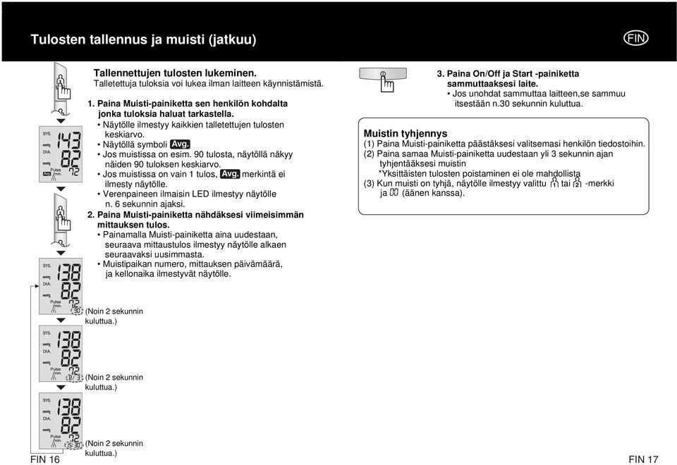 90 tulosta, näytöllä näkyy näiden 90 tuloksen keskiarvo. Jos muistissa on vain 1 tulos, merkintä ei ilmesty näytölle. Verenpaineen ilmaisin LED ilmestyy näytölle n. 6 sekunnin ajaksi. 2.