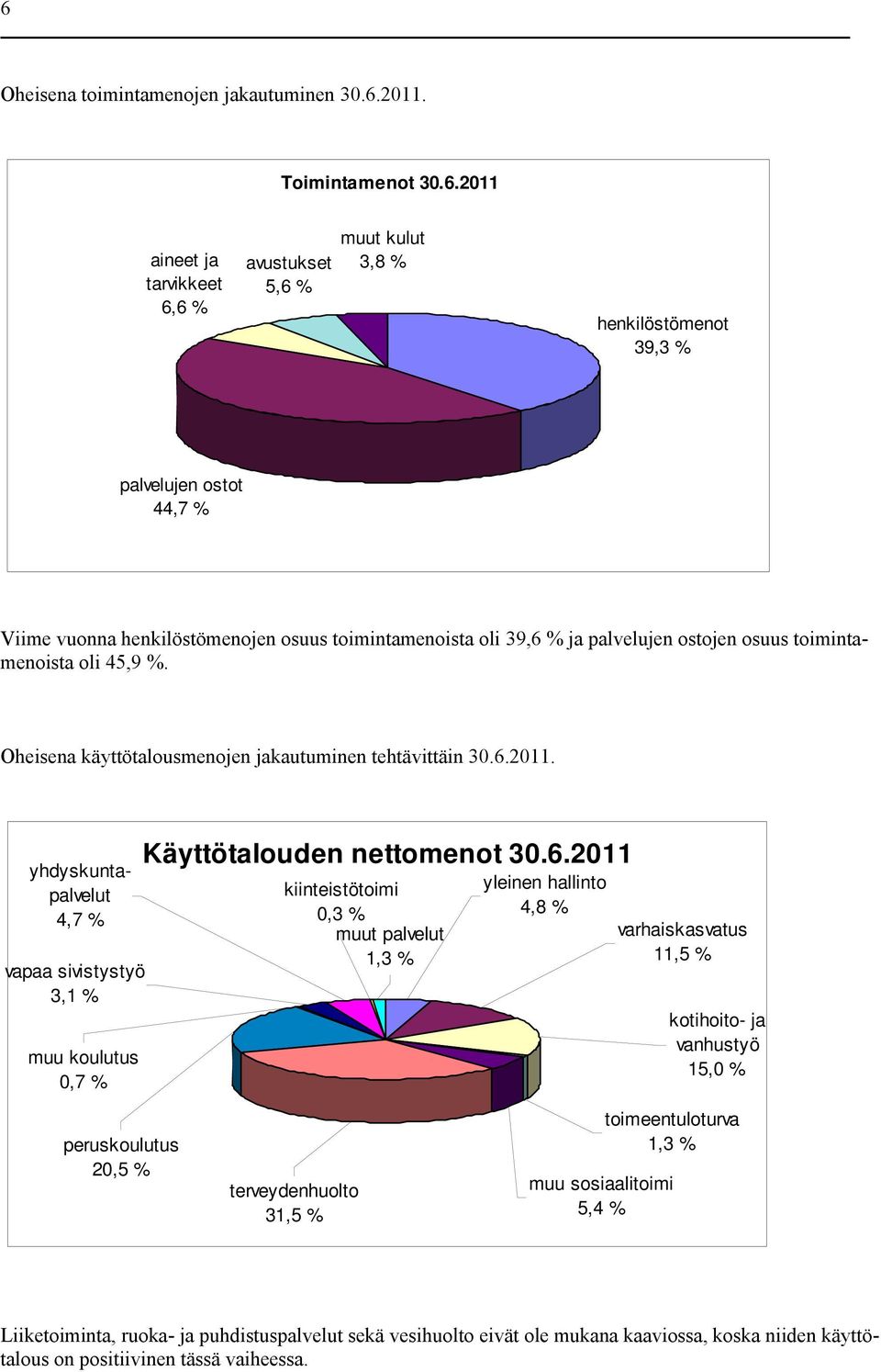 palvelujen ostojen osuus toimintamenoista oli 45,9 %. Oheisena käyttötalousmenojen jakautuminen tehtävittäin.