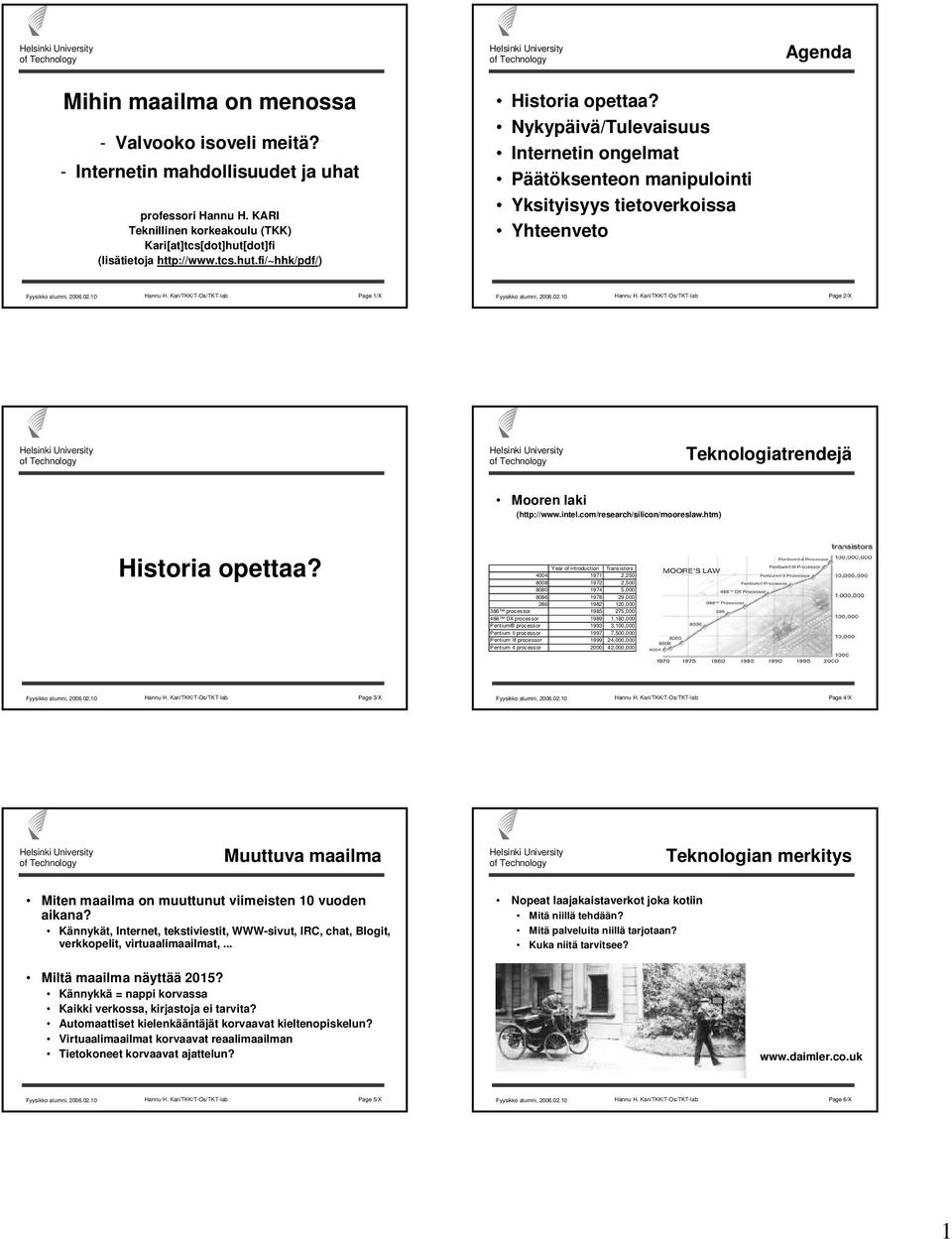 Kari/TKK/T-Os/TKT-lab Page 2/X Teknologiatrendejä Mooren laki (http://www.intel.com/research/silicon/mooreslaw.htm) Historia opettaa?