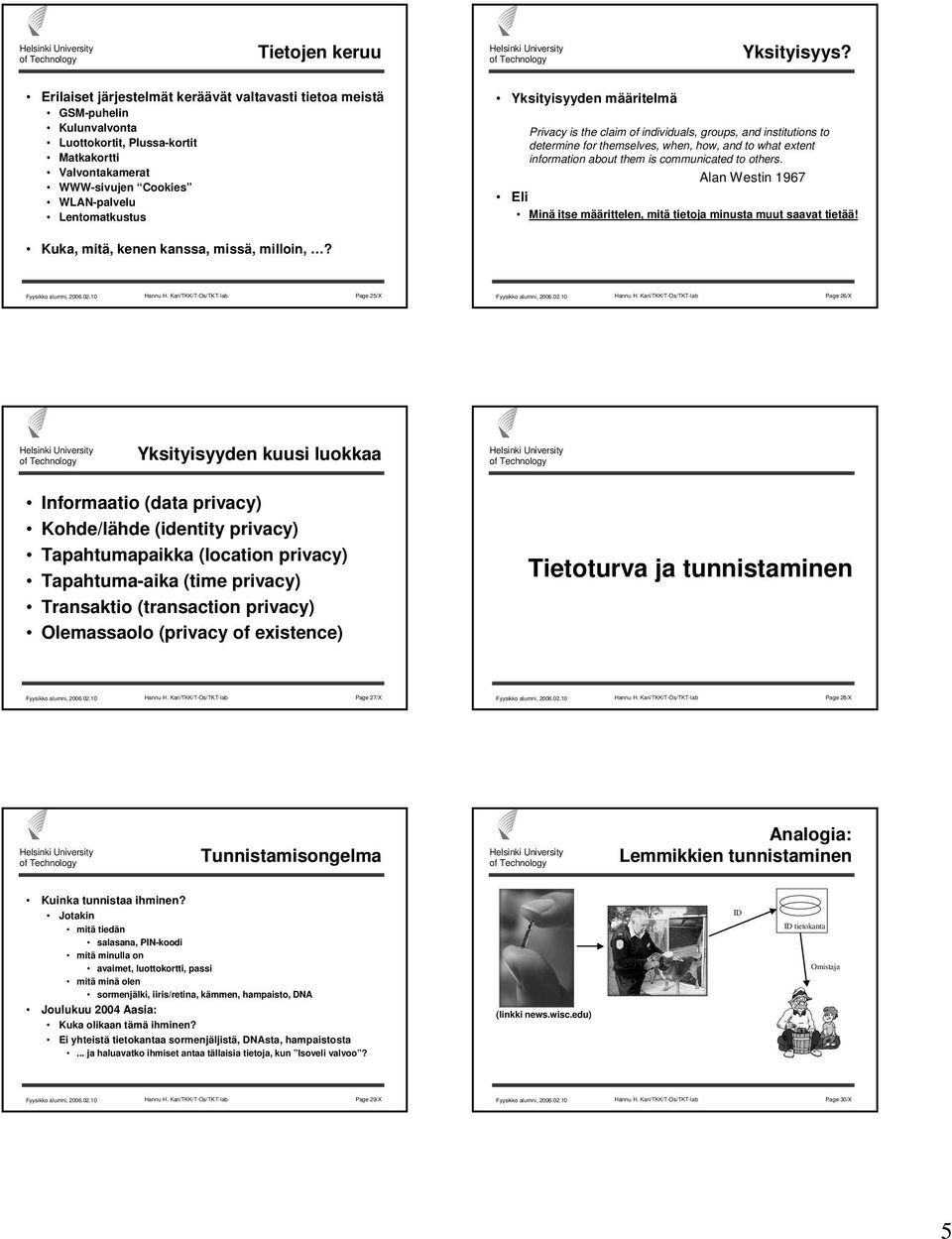 määritelmä Privacy is the claim of individuals, groups, and institutions to determine for themselves, when, how, and to what extent information about them is communicated to others.