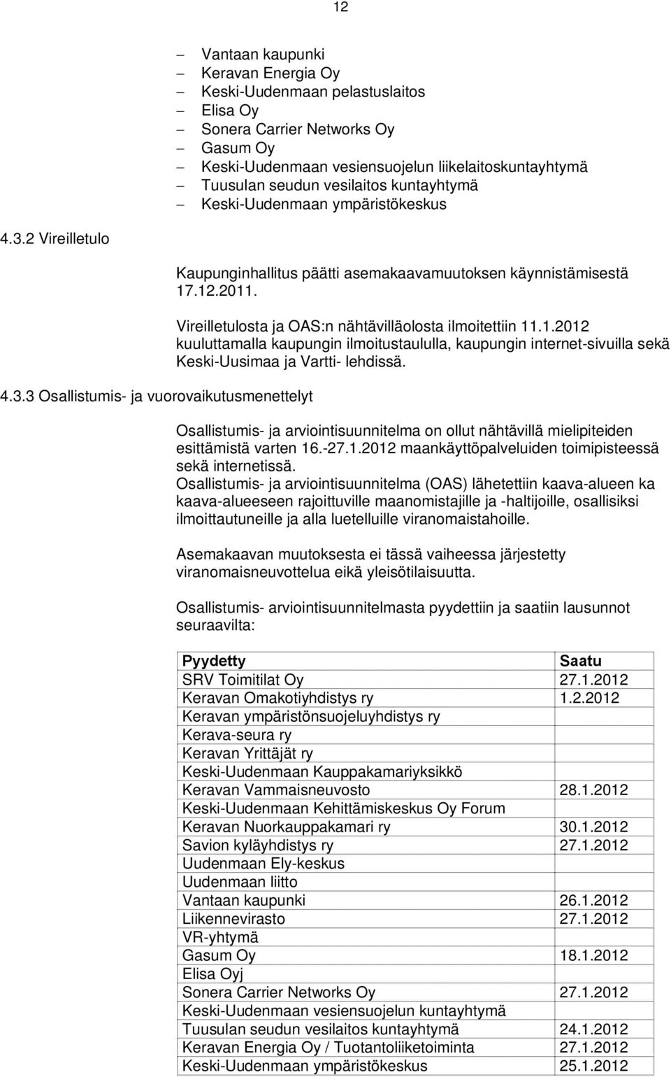 Vireilletulosta ja OAS:n nähtävilläolosta ilmoitettiin..0 uuluttamalla aupungin ilmoitustaululla, aupungin internet-sivuilla seä Kesi-Uusimaa ja Vartti- lehdissä.