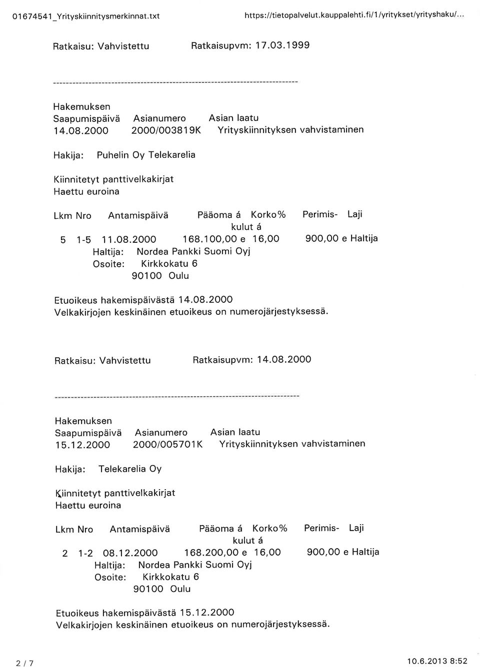 10O,O0e 16,00 Haltija: Nordea Pankki Suomi OYj 901O0 Oulu Etuoikeus hakemispäivästä 1 4.08.2000 Ratkaisupvm: 1 4.08.2000 15.12.