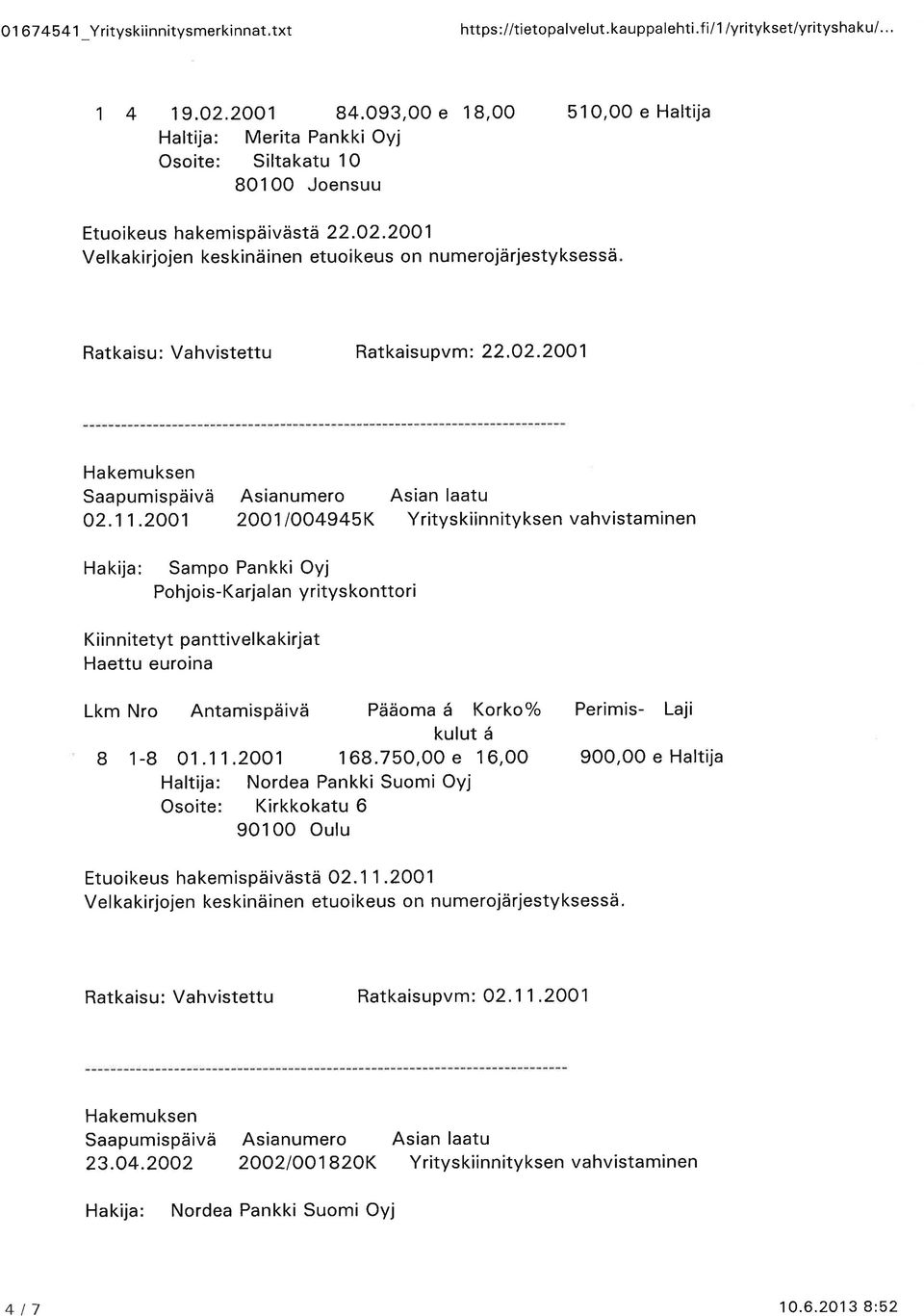 2OO1 Velkakirjojen keskinäinen etuoikeus on numerojärjestyksessä Ratkaisupvm: 22.O2.2OO 1 02.11.