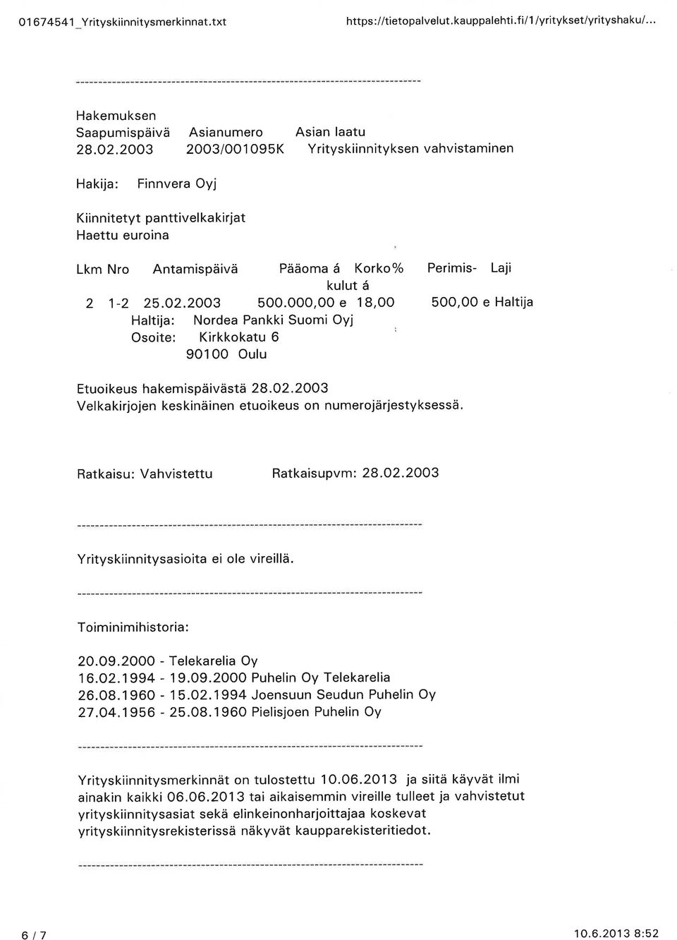 Toiminimihistoria: 20.09.2000 - Telekarelia Oy 16.O2.1994-19.O9.2000 Puhelin Oy Telekarelia 26.O8.1960-15.O2.1994 Joensuun Seudun Puhelin Oy 27.O4.1956-25.08.