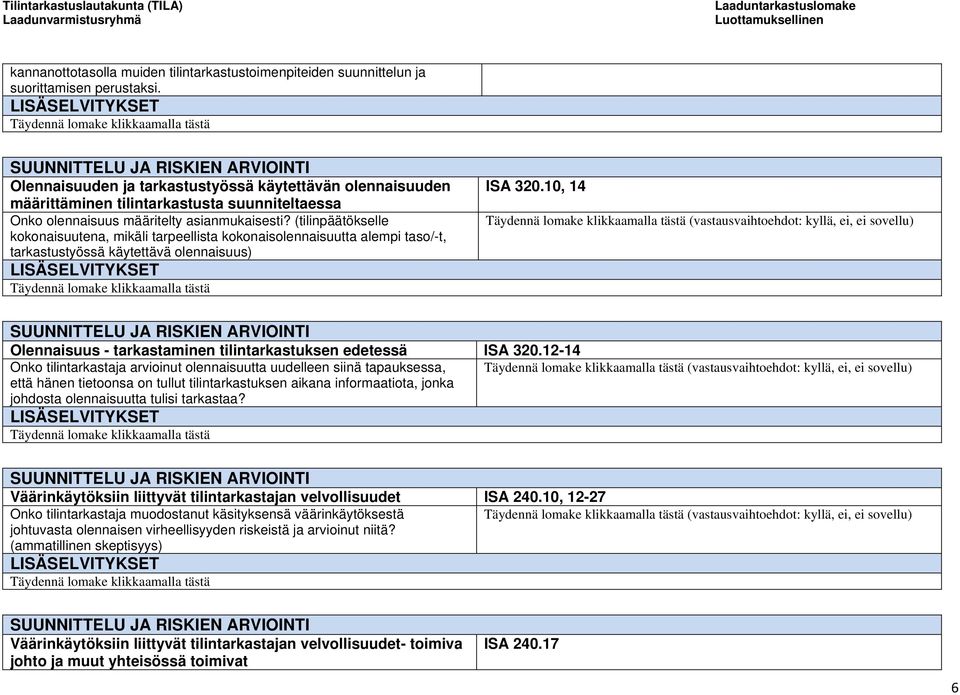 (tilinpäätökselle kokonaisuutena, mikäli tarpeellista kokonaisolennaisuutta alempi taso/-t, tarkastustyössä käytettävä olennaisuus) ISA 320.