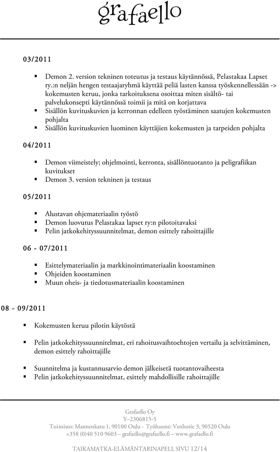 korjattava Sisällön kuvituskuvien ja kerronnan edelleen työstäminen saatujen kokemusten pohjalta Sisällön kuvituskuvien luominen käyttäjien kokemusten ja tarpeiden pohjalta 04/2011 Demon viimeistely;