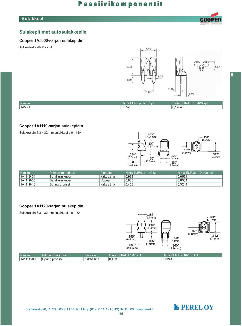 Hinta EUR/kpl 10-100 kpl 1A1119-04 Beryllium kupari Kirkas tina 0,933 0,6531 1A1119-05 Beryllium kupari Hopea 0,933 0,6531 1A1119-10 Spring pronssi Kirkas