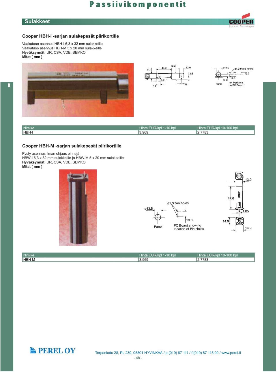 Vaakataso asennus HBH-M 5 x 20 mm sulakkeille Hyväksynnät: UR, CSA, VDE, SEMKO Mitat ( mm ) HBH-I 3,969 2,7783