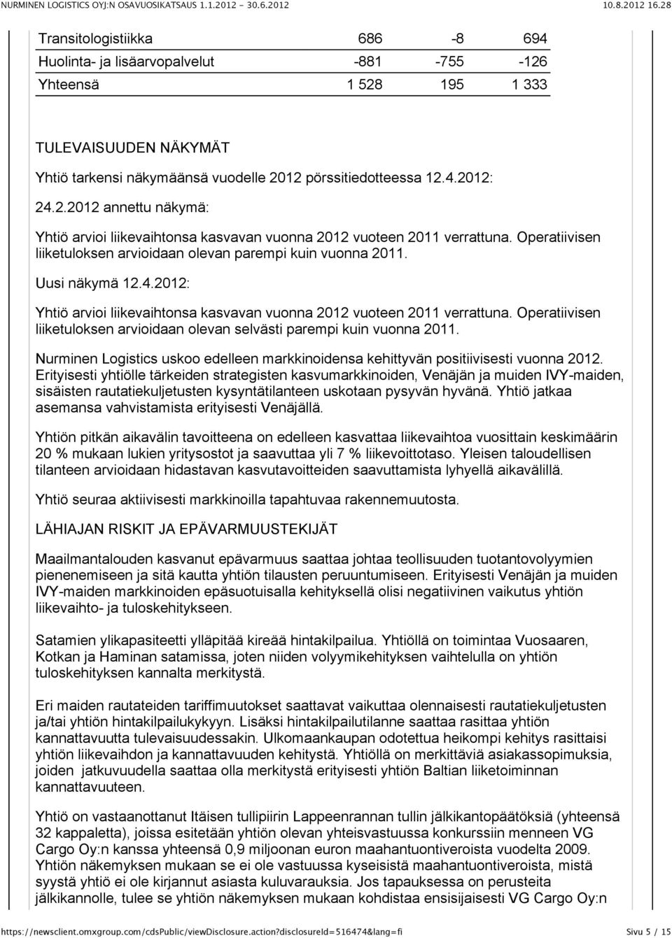 Operatiivisen liiketuloksen arvioidaan olevan selvästi parempi kuin vuonna 2011. Nurminen Logistics uskoo edelleen markkinoidensa kehittyvän positiivisesti vuonna 2012.