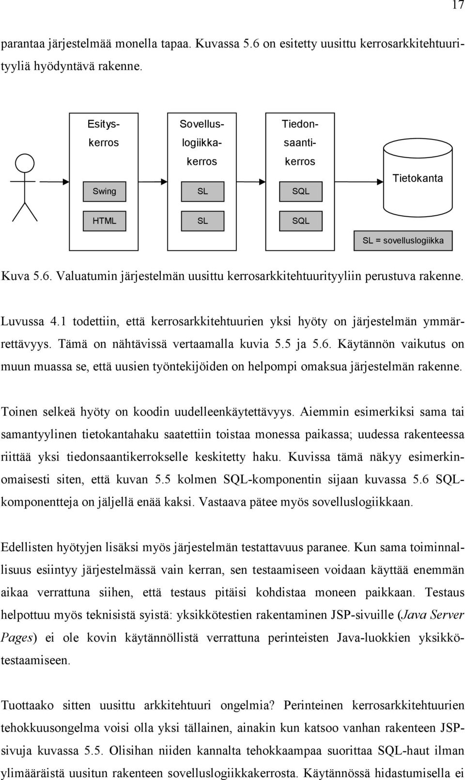Valuatumin järjestelmän uusittu kerrosarkkitehtuurityyliin perustuva rakenne. Luvussa 4.1 todettiin, että kerrosarkkitehtuurien yksi hyöty on järjestelmän ymmärrettävyys.