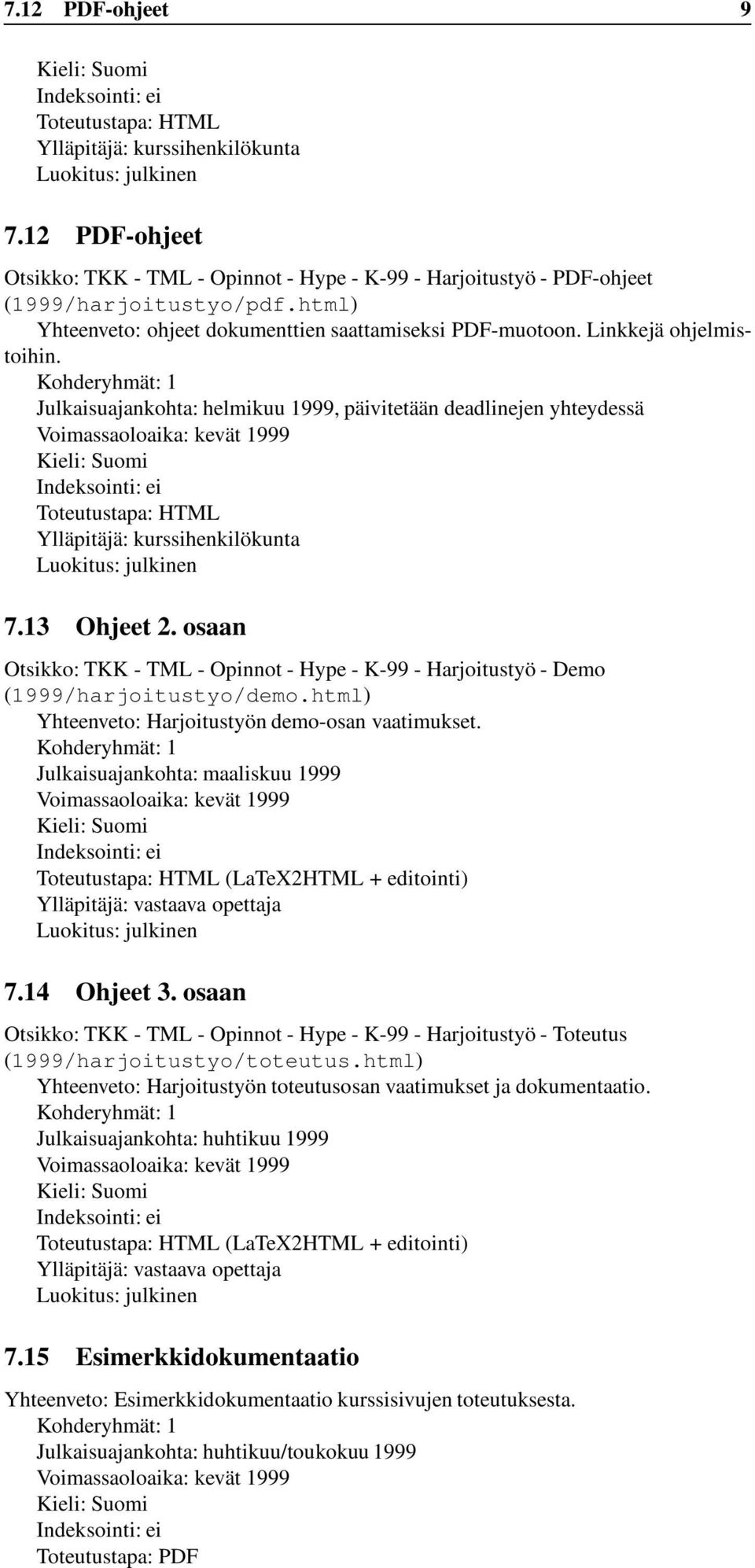 Kohderyhmät: 1 Julkaisuajankohta: helmikuu 1999, päivitetään deadlinejen yhteydessä Indeksointi: ei Toteutustapa: HTML Ylläpitäjä: kurssihenkilökunta 7.13 Ohjeet 2.