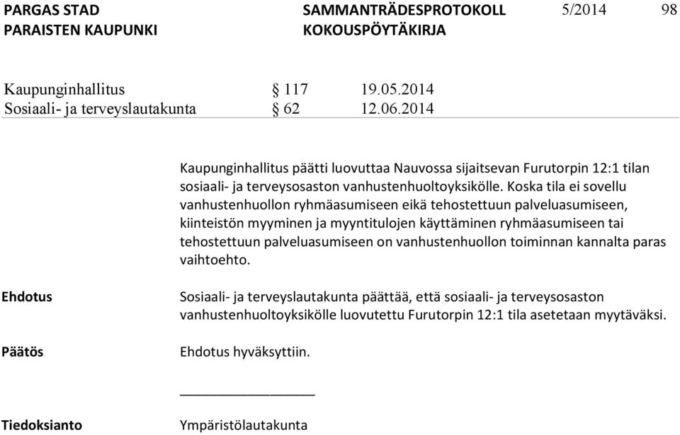 Koska tila ei sovellu vanhustenhuollon ryhmäasumiseen eikä tehostettuun palveluasumiseen, kiinteistön myyminen ja myyntitulojen käyttäminen ryhmäasumiseen tai tehostettuun