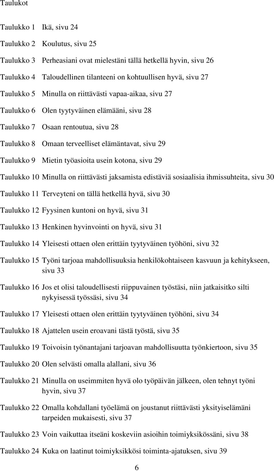 Mietin työasioita usein kotona, sivu 29 Taulukko 10 Minulla on riittävästi jaksamista edistäviä sosiaalisia ihmissuhteita, sivu 30 Taulukko 11 Terveyteni on tällä hetkellä hyvä, sivu 30 Taulukko 12