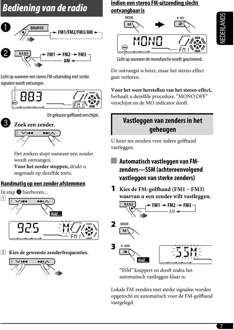 Voor het eerder stoppen, drukt u nogmaals op dezelfde toets. Handmatig op een zender afstemmen In stap! hierboven... 1 De ontvangst is beter, maar het stereo-effect gaat verloren.