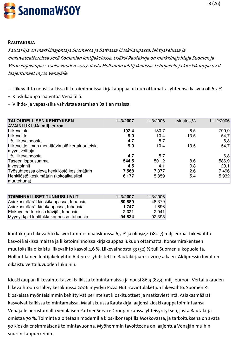 Liikevaihto nousi kaikissa liiketoiminnoissa kirjakauppaa lukuun ottamatta, yhteensä kasvua oli 6,5 %. Kioskikauppa laajentaa Venäjällä. Viihde- ja vapaa-aika vahvistaa asemiaan Baltian maissa.