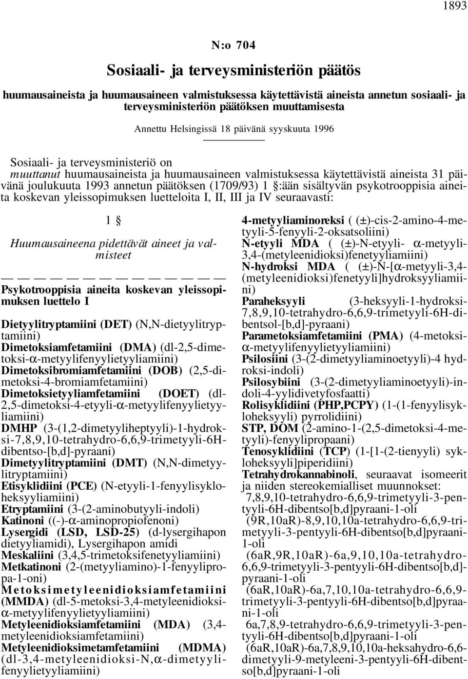 (1709/93) 1 :ään sisältyvän psykotrooppisia aineita koskevan yleissopimuksen luetteloita I, II, III ja IV seuraavasti: 1 Huumausaineena pidettävät aineet ja valmisteet Psykotrooppisia aineita