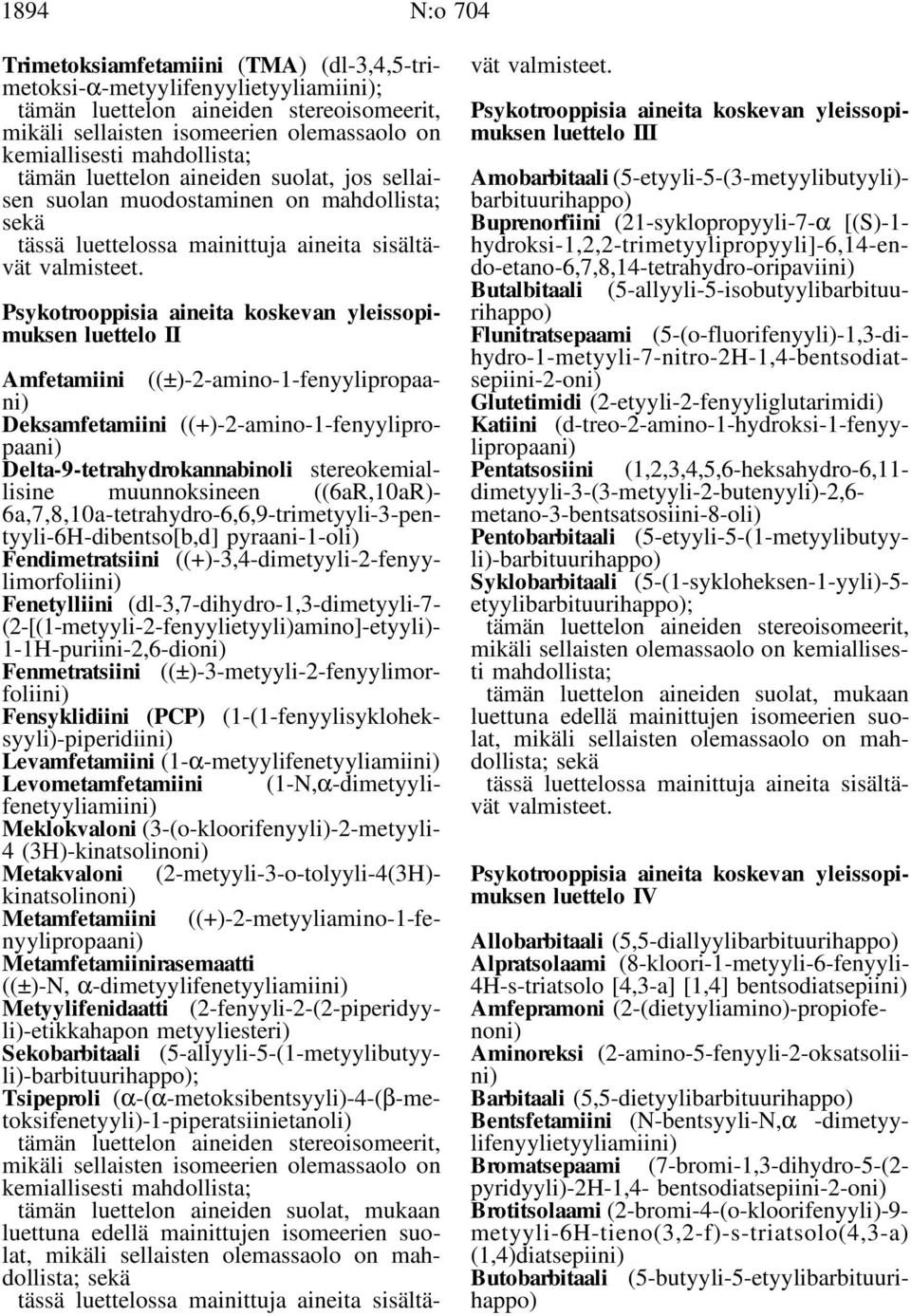 Psykotrooppisia aineita koskevan yleissopimuksen luettelo II Amfetamiini ((±)-2-amino-1-fenyylipropaani) Deksamfetamiini ((+)-2-amino-1-fenyylipropaani) Delta-9-tetrahydrokannabinoli