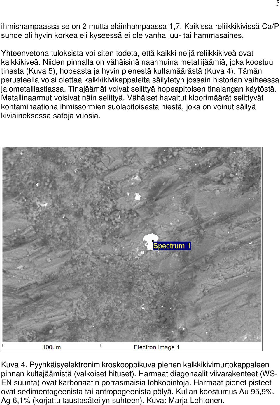 Niiden pinnalla on vähäisinä naarmuina metallijäämiä, joka koostuu tinasta (Kuva 5), hopeasta ja hyvin pienestä kultamäärästä (Kuva 4).