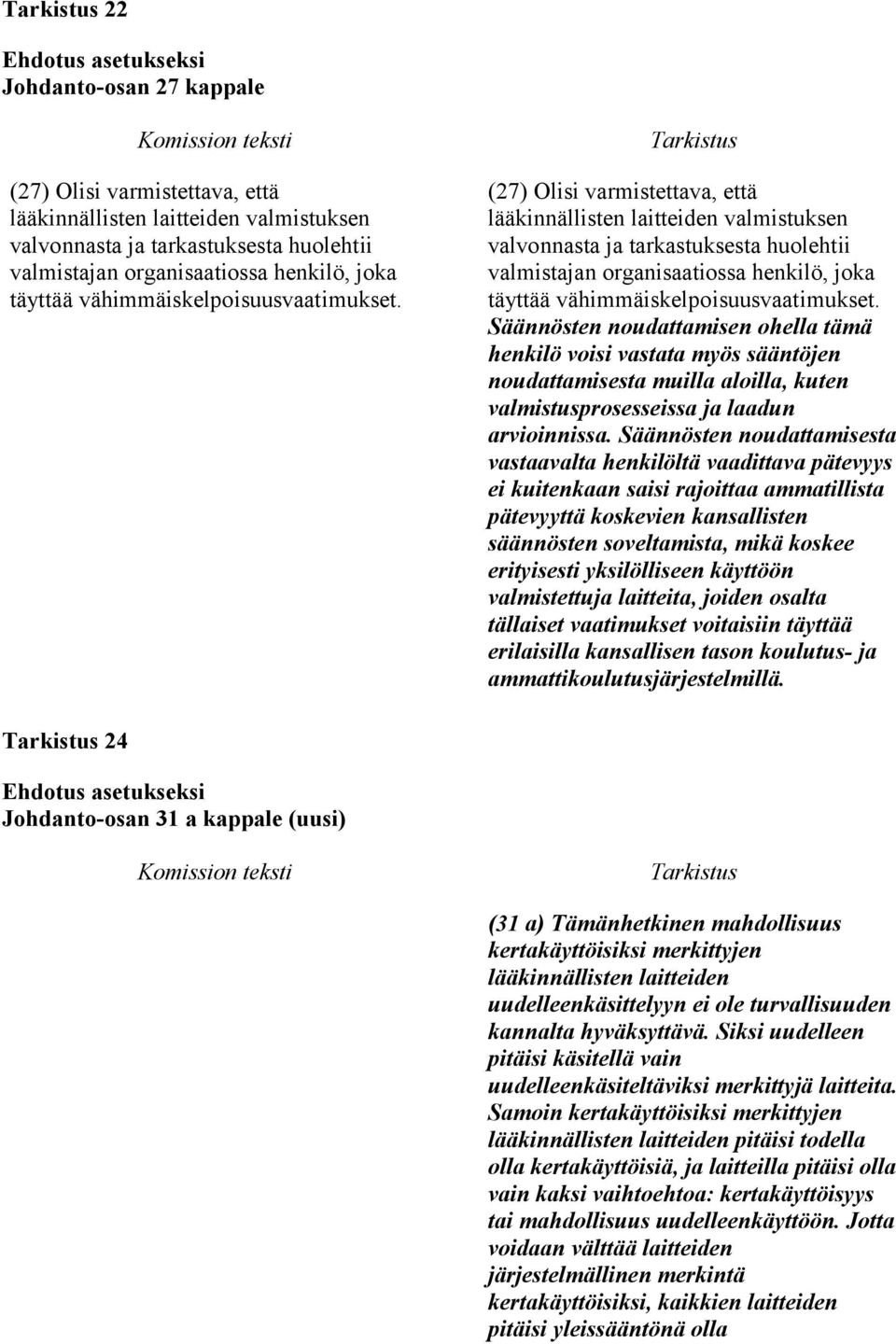 (27) Olisi varmistettava, että lääkinnällisten laitteiden valmistuksen valvonnasta ja tarkastuksesta huolehtii valmistajan organisaatiossa henkilö, joka täyttää  Säännösten noudattamisen ohella tämä