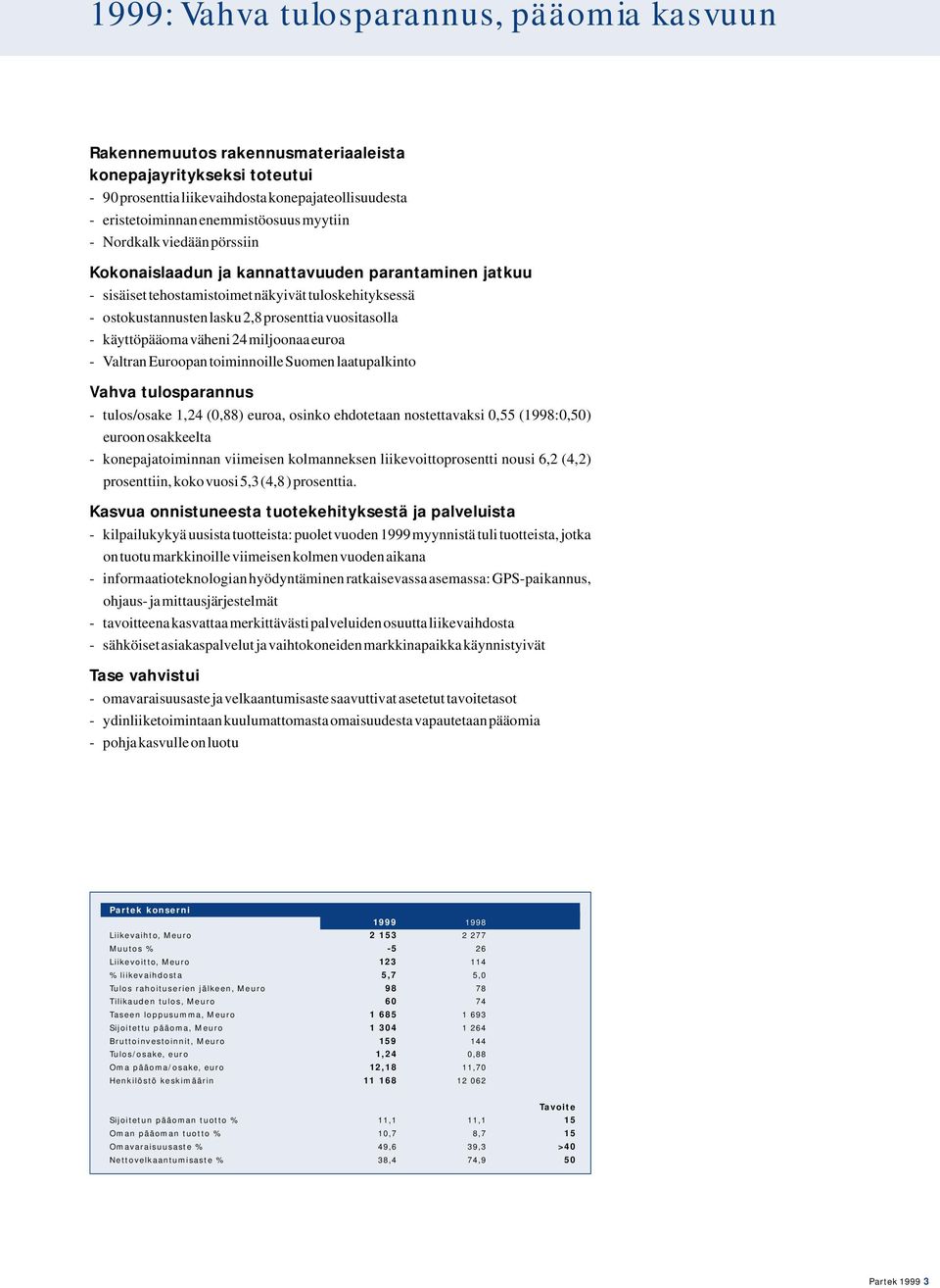 käyttöpääoma väheni 24 miljoonaa euroa - Valtran Euroopan toiminnoille Suomen laatupalkinto Vahva tulosparannus - tulos/osake 1,24 (0,88) euroa, osinko ehdotetaan nostettavaksi 0,55 (1998:0,50)