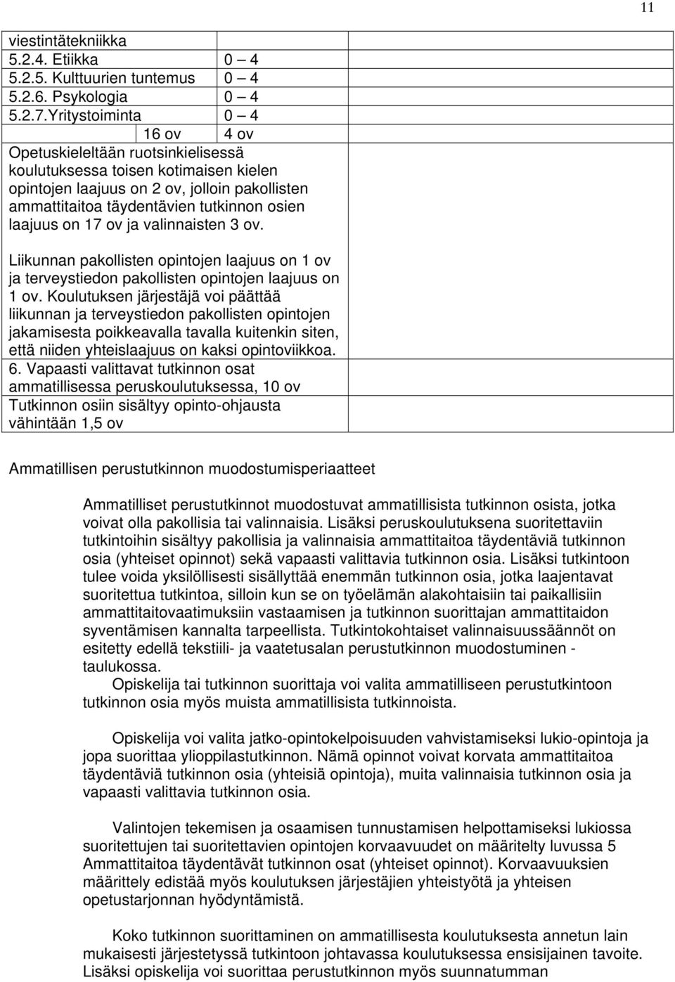 laajuus on 17 ov ja valinnaisten 3 ov. Liikunnan pakollisten opintojen laajuus on 1 ov ja terveystiedon pakollisten opintojen laajuus on 1 ov.