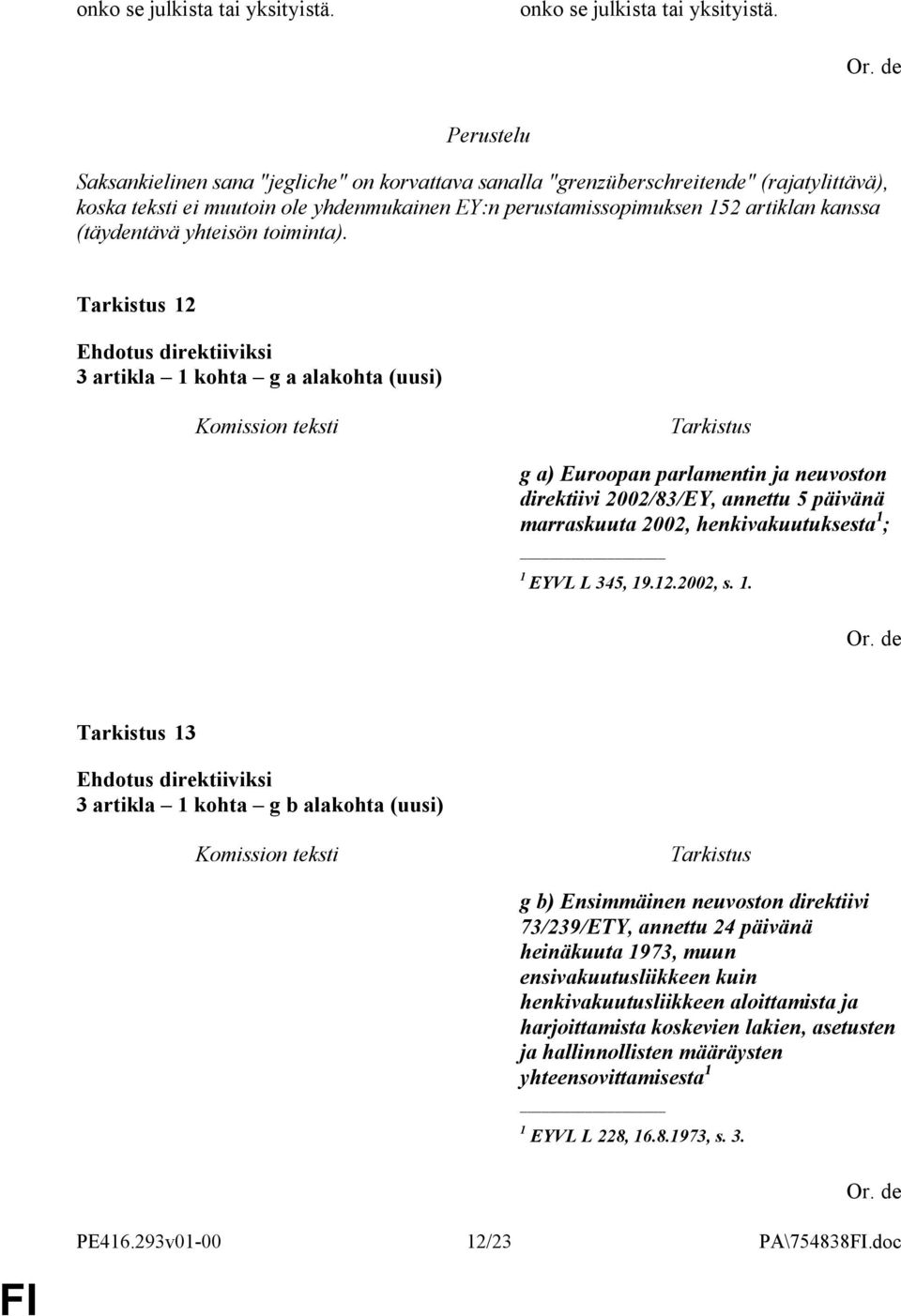 yhteisön toiminta). 12 3 artikla 1 kohta g a alakohta (uusi) g a) Euroopan parlamentin ja neuvoston direktiivi 2002/83/EY, annettu 5 päivänä marraskuuta 2002, henkivakuutuksesta 1 ; 1 EYVL L 345, 19.