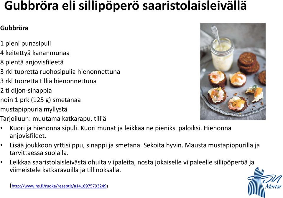 Kuori munat ja leikkaa ne pieniksi paloiksi. Hienonna anjovisfileet. Lisää joukkoon yrttisilppu, sinappi ja smetana. Sekoita hyvin.