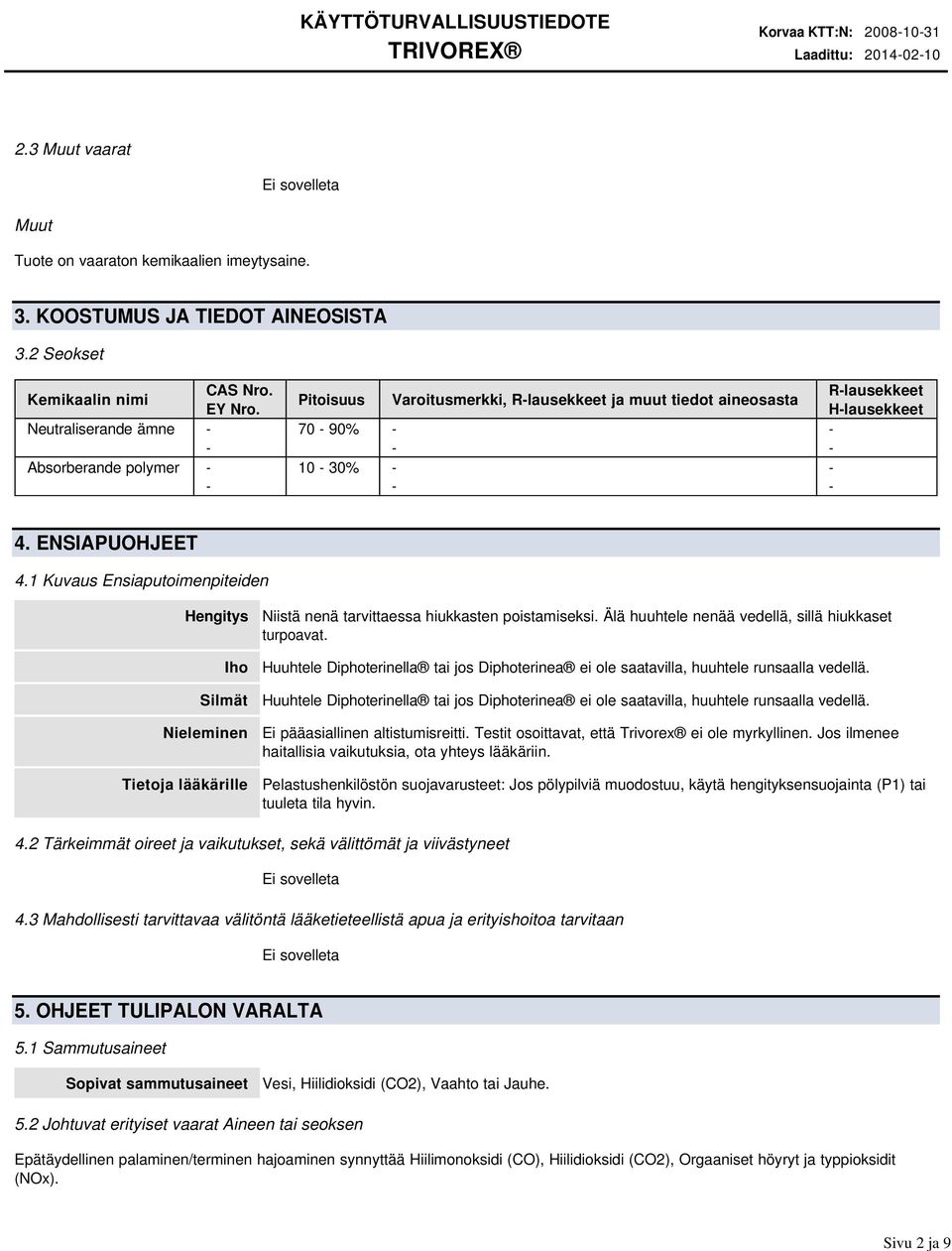 1 Kuvaus Ensiaputoimenpiteiden Hengitys Iho Silmät Nieleminen Tietoja lääkärille Niistä nenä tarvittaessa hiukkasten poistamiseksi. Älä huuhtele nenää vedellä, sillä hiukkaset turpoavat.