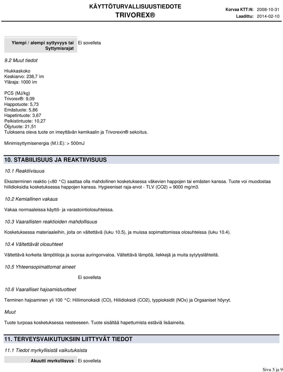 on imeyttävän kemikaalin ja Trivorexin sekoitus. Minimisyttymisenergia (M.I.E): > 500mJ 10. STABIILISUUS JA REAKTIIVISUUS 10.