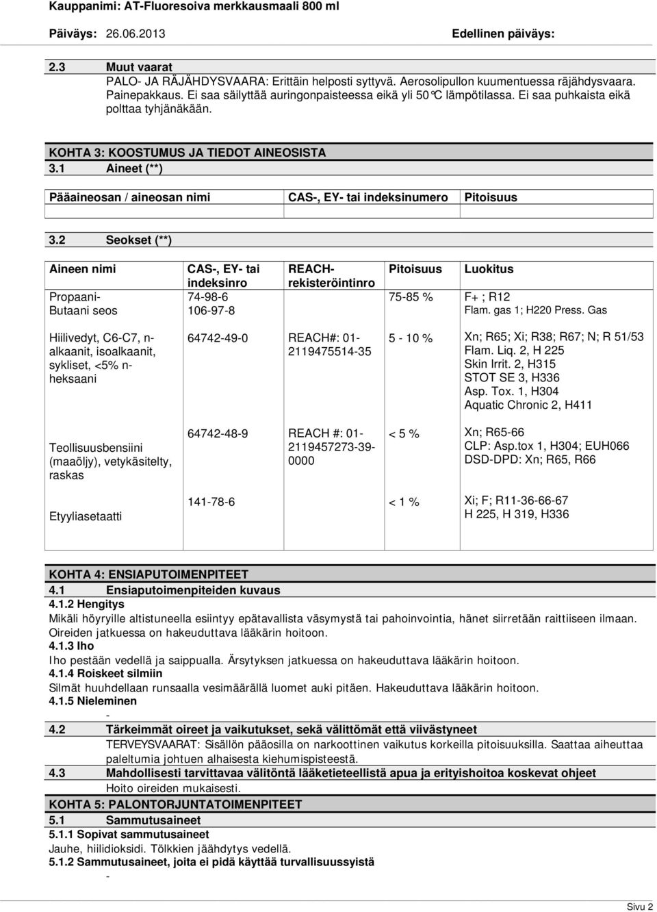 1 Aineet (**) Pääaineosan / aineosan nimi CAS, EY tai indeksinumero Pitoisuus 3.