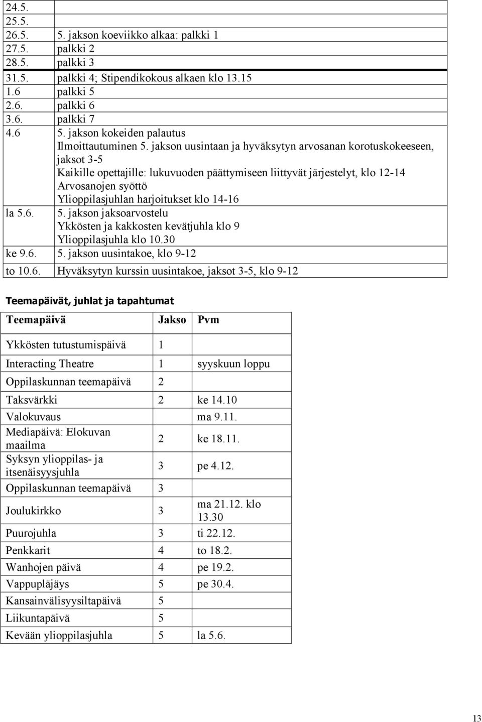 jakson uusintaan ja hyväksytyn arvosanan korotuskokeeseen, jaksot 3-5 Kaikille opettajille: lukuvuoden päättymiseen liittyvät järjestelyt, klo 12-14 Arvosanojen syöttö Ylioppilasjuhlan harjoitukset