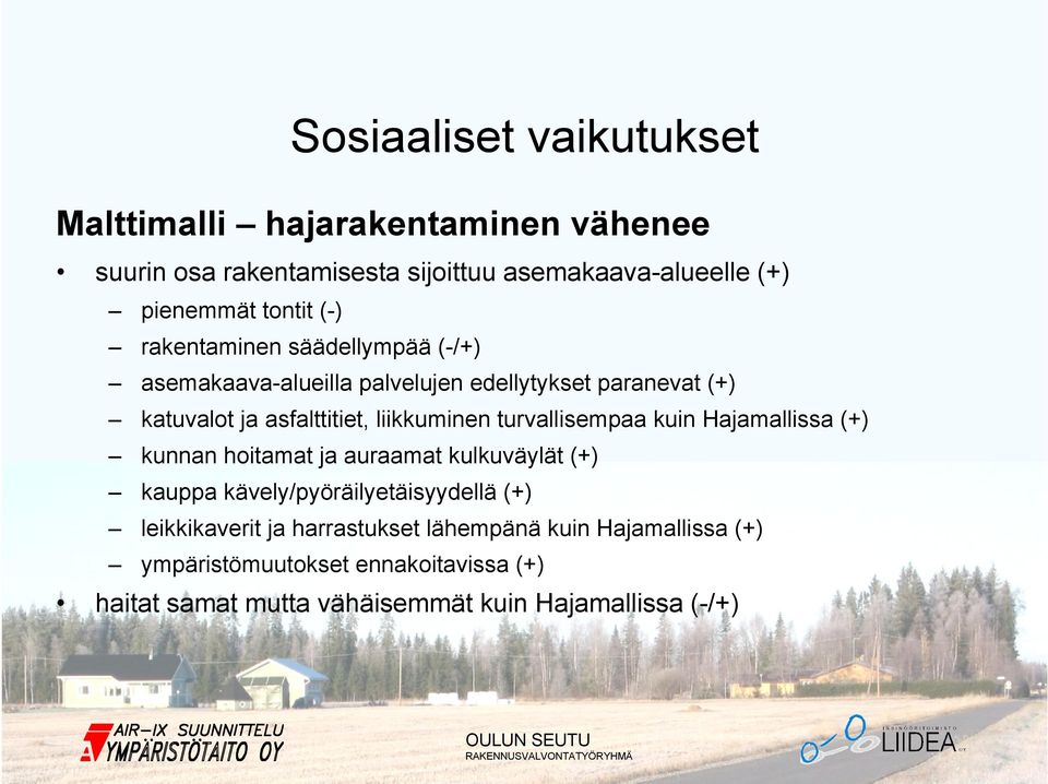 liikkuminen turvallisempaa kuin Hajamallissa (+) kunnan hoitamat ja auraamat kulkuväylät (+) kauppa kävely/pyöräilyetäisyydellä (+)