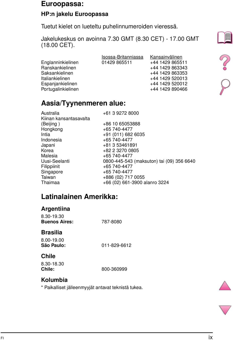 1429 520012 Portugalinkielinen +44 1429 890466 Aasia/Tyynenmeren alue: Australia +61 3 9272 8000 Kiinan kansantasavalta (Beijing ) +86 10 65053888 Hongkong +65 740-4477 Intia +91 (011) 682 6035