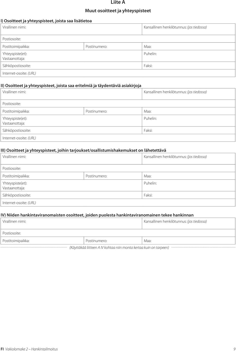 tarjoukset/osallistumishakemukset on lähetettävä Kansallinen henkilötunnus: (jos tiedossa) Yhteyspiste(et): Vastaanottaja: IV) Niiden hankintaviranomaisten osoitteet, joiden