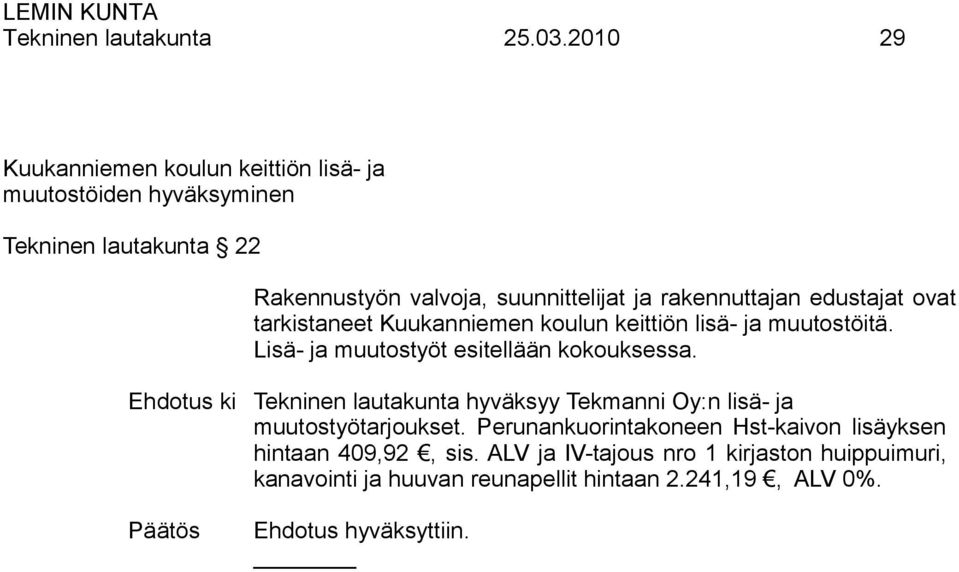 rakennuttajan edustajat ovat tarkistaneet Kuukanniemen koulun keittiön lisä- ja muutostöitä. Lisä- ja muutostyöt esitellään kokouksessa.