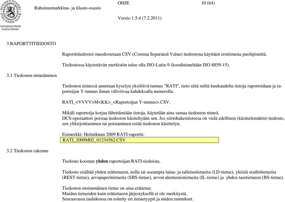 1 Tiedoston nimeäminen Tiedoston nimessä annetaan kyselyn yksilöivä tunnus "RATI", tieto siitä miltä kuukaudelta tietoja raportoidaan ja raportoijan Y-tunnus ilman väliviivaa kahdeksalla numerolla.