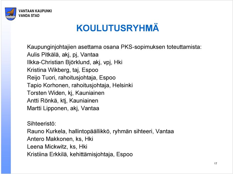 Helsinki Torsten Widen, kj, Kauniainen Antti Rönkä, ktj, Kauniainen Martti Lipponen, akj, Vantaa Sihteeristö: Rauno Kurkela,