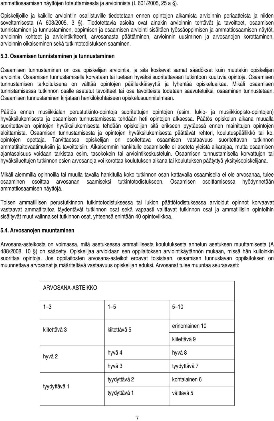 Tiedotettavia asioita ovat ainakin arvioinnin tehtävät ja tavoitteet, osaamisen tunnistaminen ja tunnustaminen, oppimisen ja osaamisen arviointi sisältäen työssäoppimisen ja ammattiosaamisen näytöt,